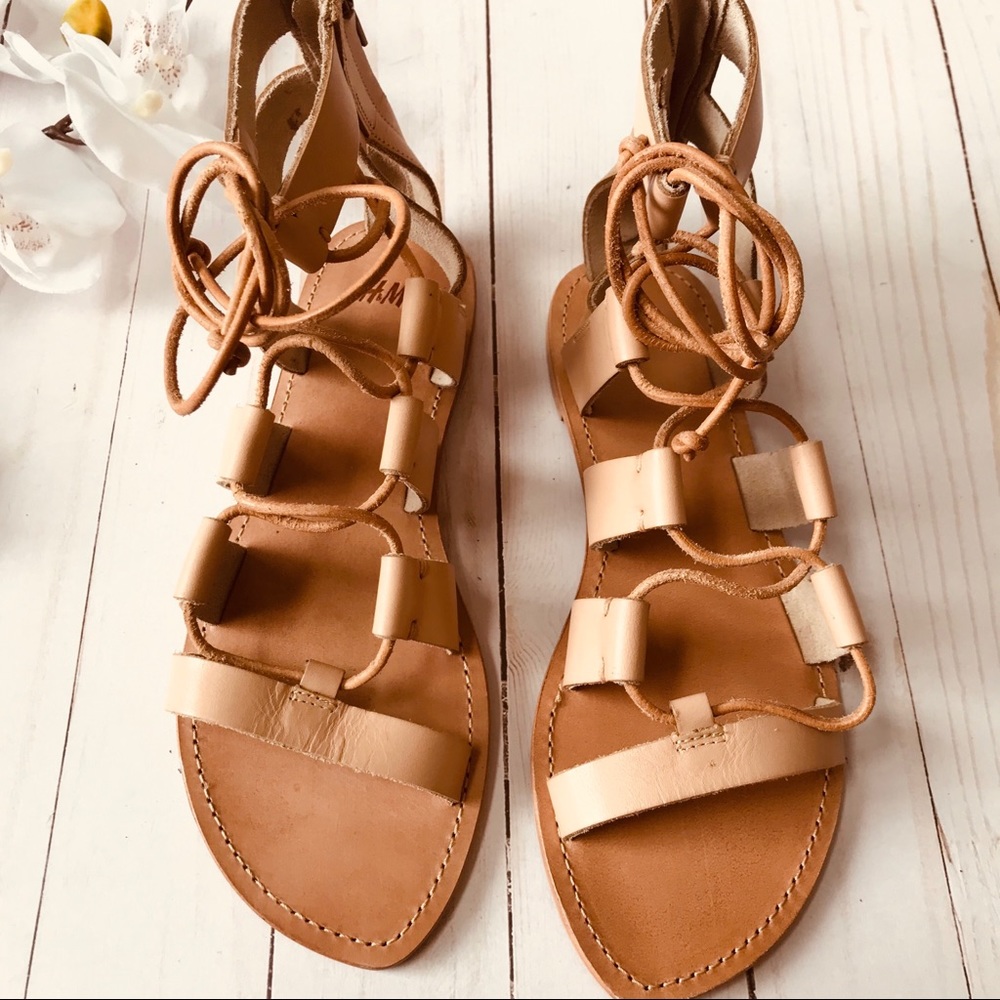 H&M Tan Genuine Leather Gladiator Lace-up Sandals Size 37